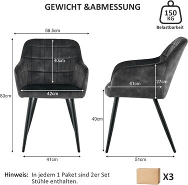 CLIPOP Комплект стільців для їдальні (6 шт.), з підлокітниками, штучна шкіра, для кухні, вітальні, сірий велюр