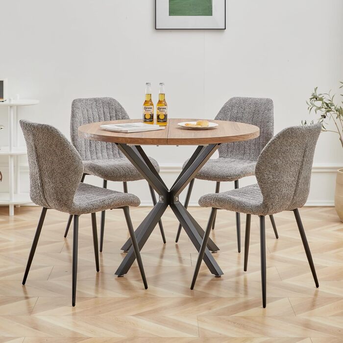 Набір обіднього столу та стільців GrandCA HOME: круглий стіл 100 см та 4 сучасні стільці з льону, для вітальні, кухні, їдальні, темно-сірий