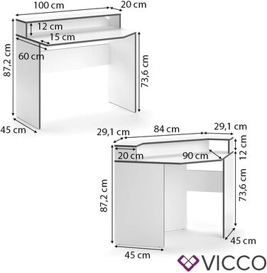 Ігровий стіл Vicco Kron, /чорний, кутова форма 190 x 90 см (білий, комплект 3)