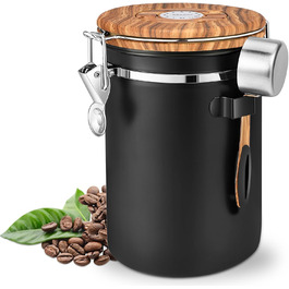 Контейнер для кавових зерен Royouzi, нержавіюча сталь, випускний клапан, багаторазовий, мірна ложка, ущільнювальне скло, для домашнього офісу (чорний)