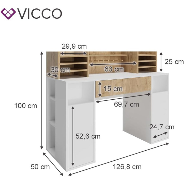 Стіл для рукоділля Vicco - письмовий стіл, 126,8 x 50 см XL з полицями (Білий/Сонома, 126,8x100x50 см)