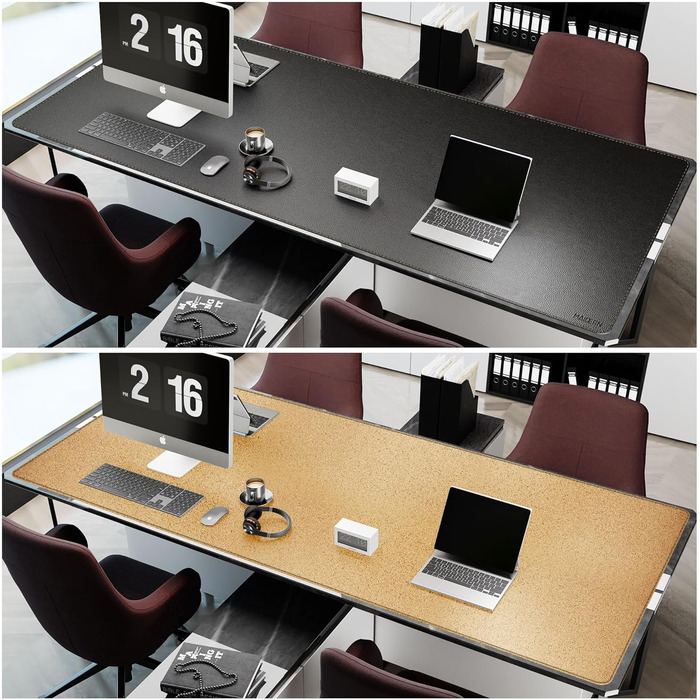 Килимок на стіл MAIDERN XXL 240x100 см двосторонній (шкіра та корк) — водонепроникний килимок для миші, офісу та геймінгу, чорний
