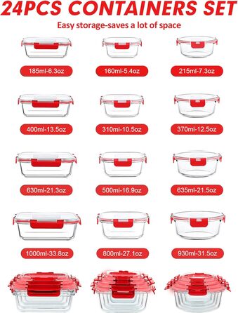 Набір контейнерів Verones 24 шт. з кришками, повітріобіг, скляні ланч-бокси, для зберігання, миття в посудомийній машині, (червоний/для подорожей, однотонний)
