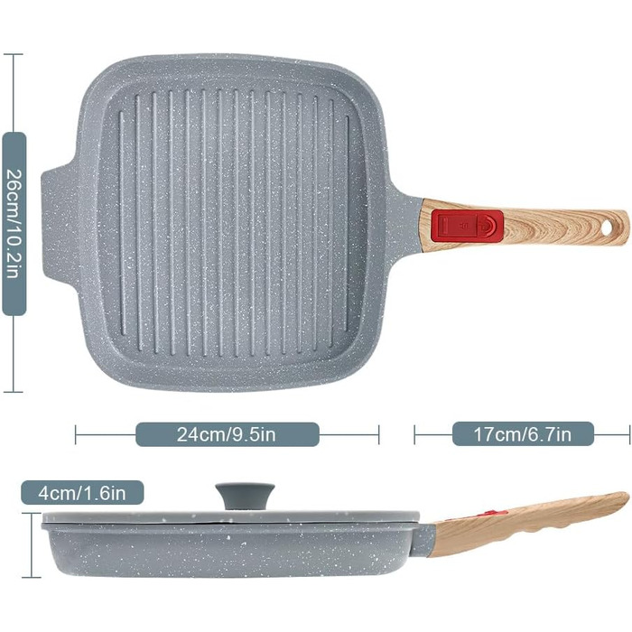 Сковорода-гриль індукційна з кришкою 26 x 24 см, антипригарне покриття кераміка, ручка знімна, для всіх типів плит (Блакитна)