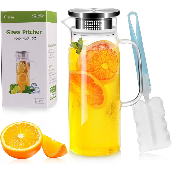 Скляна карафа Yirilan 1.5л з кришкою, 1000 мл - прозора скляна канавка для води
