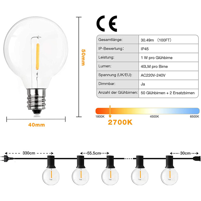 Вуличні гірлянди, вуличні гірлянди GPATIO 7,62 м з живленням від 12 Пластикова лампа, світлодіодні гірлянди G40 водонепроникні для вечірки в саду, весільного декору і т. д. (Теплий білий, 30,48 метра)