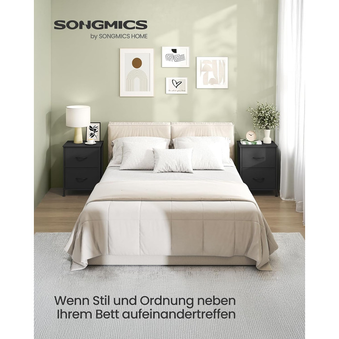 SONGMICS Комод з 2 висувними ящиками, шафка для зберігання, сталь, MDF, тканина, для спальні, прихожої, вітальні, чорний, LGS312BH03
