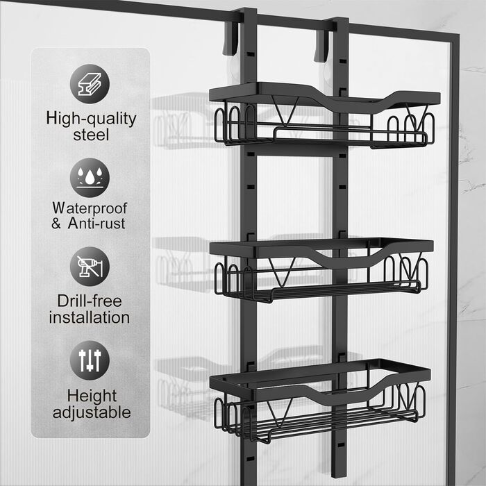 Підвісна душова полиця UUlioyer, без свердління, для скляних дверей, тримач для гелю для душу з шампунем, чорний