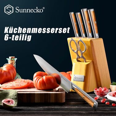 Набір ножів Sunnecko 6 шт. з підставкою – кухонний набір ножів, кухонні ножі з ергономічними ручками, гострими лезами, підставка з нержавіючої сталі та акації