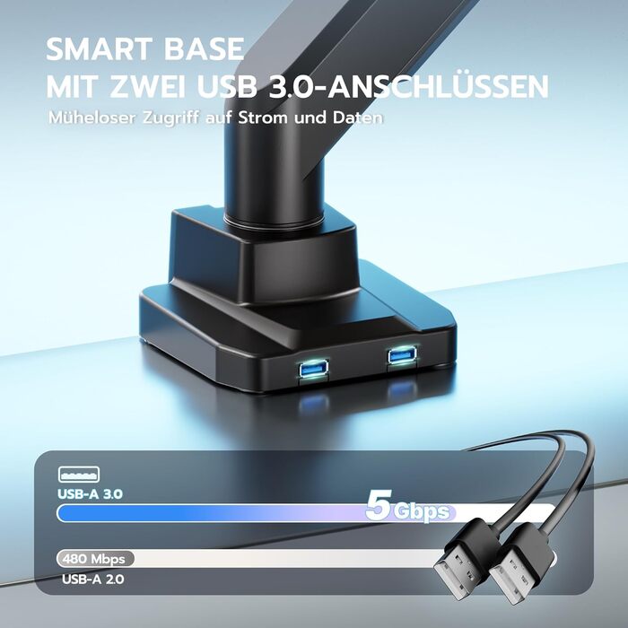 Кріплення для монітора ARES WING з USB A/C, 17'-45', регулювання висоти, максимальне навантаження 18 кг, VESA 75/100 мм, білий (чорний)