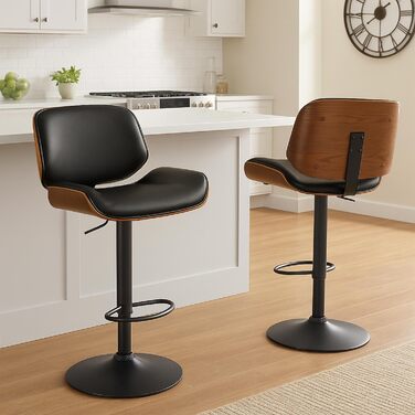 Барний стілець CLP Beverley з штучної шкіри, регульована висота та поворот, дерев'яний табурет з підніжкою, колір: горіх/чорний