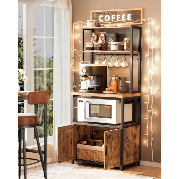 Поличка кухонна VASAGLE з розетками, шафка, стільниця 90 см, напольна полиця з 8 гачками, 40 x 60 x 170 см, вінтажний коричневий + чорний, KKS058K02