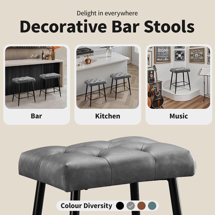 Набір з 2 барних стільців з мікрофібри, сірого кольору, з підніжкою, 62.5 см, без спинки для кухні, бістро, їдальні