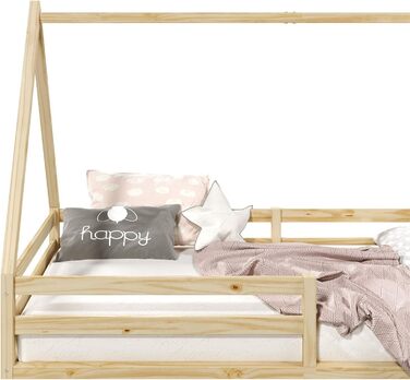 Ліжко для дому IDIMEX SILA з масиву сосни, красиве ліжко Монтессорі 90 х 200 см, стійке дитяче ліжечко із захистом від падіння та дахом (натуральне)