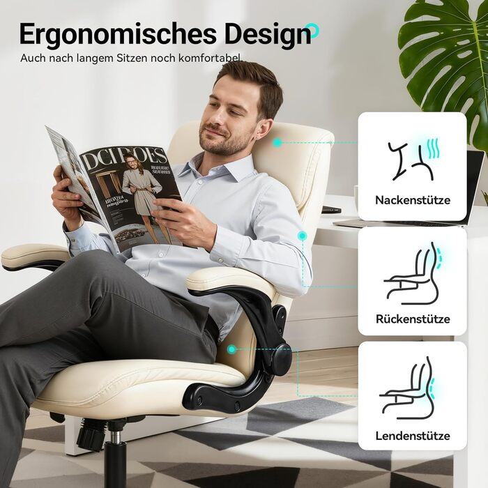 Офісний крісло Colamy: ергономічне, з високою спинкою, регульовані підлокітники, шкіряне покриття (слонова кістка)