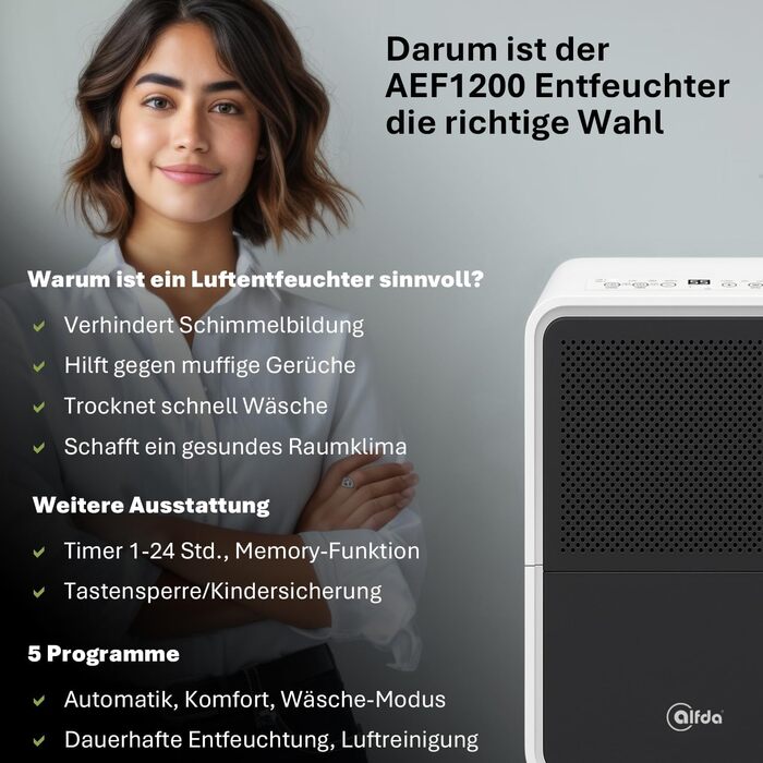 Електричний осушувач повітря AEF2000 - 20 л/день, до 30 м², тихий, з автовимкненням, гігростат, сенсорне дисплеї - для спальні та ванної кімнати