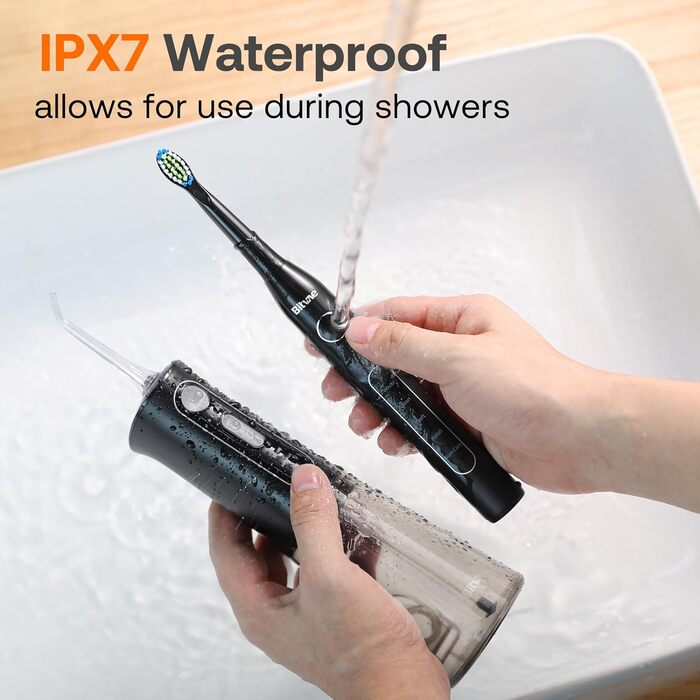 Набір для гігієни порожнини рота Bitvae: мундштук та електрична зубна щітка, 3 режими, 5 рівнів тиску, бездротовий, з 4 насадками для щітки та 4 насадками для мундштука, чорний