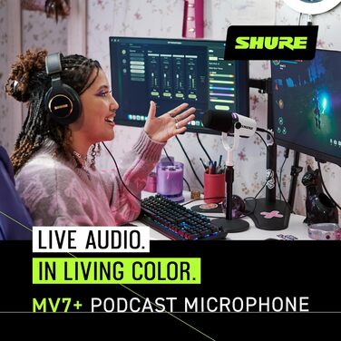 Мікрофон Shure MV7+ для подкастингу, покращений звук, LED-тачпанель, USB-C/XLR, авто-рівень, цифровий поп-фільтр, ефекти реверберації, для запису, стрімінгу, білий