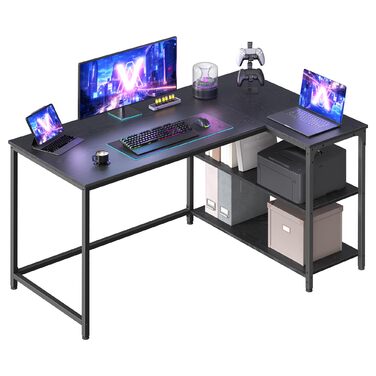 Кутовий стіл VASAGLE L-подібний з полицею, комп'ютерний стіл з місцем для зберігання, офісний стіл для дому, 120 x 80 см, Чорний горіх