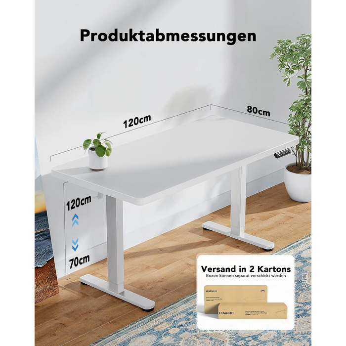 Електричний стіл HUANUO, 120x80 см, білий: регулювання висоти, безщітковий мотор, ергономічний дизайн для дому та офісу