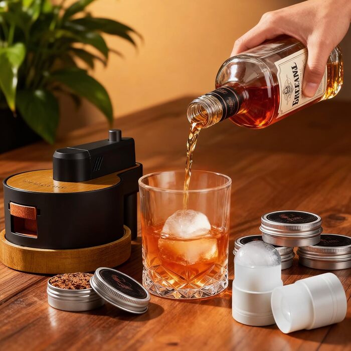 Набір для копчення віскі: 6 видів тирси, 2 склянки, 2 форми для льоду, для коктейлів, подарунок для чоловіків, батька, чоловіка (без бутану), дерев'яний