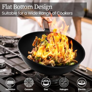 Вок Jobin 33 см з кришкою з термостійкого скла, з вуглецевої сталі, без хімічного покриття, для азіатської кухні, сумісний з індукційними, газовими, електричними та керамічними плитами, чорний