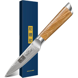 Японський ніж HOSHANHO з дамаської сталі 20 см, 67 шарів, кухонний ніж для приготування їжі, гострий, з ергономічною ручкою оливкового кольору (9.5 см), ніж для очищення