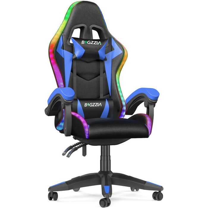 Ігровий крісло Bigzzia з LED підсвічуванням - ергономічне крісло для ПК з підголівником, RGB, чорно-синій колір, для підлітків та дорослих