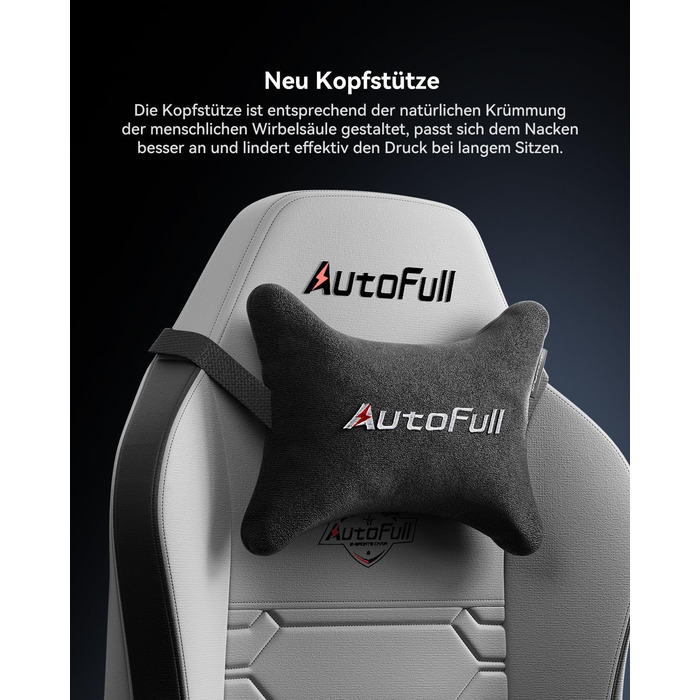 Ігровий крісло AutoFull C3 з ергономічною підтримкою спини | З регульованими підлокітниками, підставкою для ніг, подушками для голови та попереку | Макс. вага 150 кг | Сірий з тканинного покриття