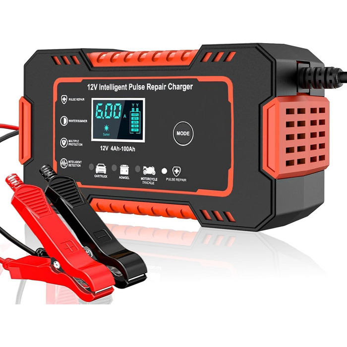 Зарядний пристрій для акумулятора 12V, автоматичний, інтелектуальний, з LCD-дисплеєм, для авто, мотоцикла, газонокосарки, човна RED