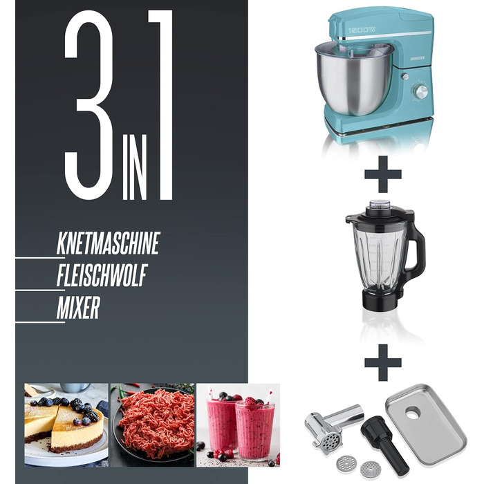 Кухонний комбайн HEINRICHS 3-в-1: міксер, м'ясорубка, кухонний прилад 1500W, 6 швидкостей, 1.5л чаша, 10л нержавіюча сталь (ТуркІз)