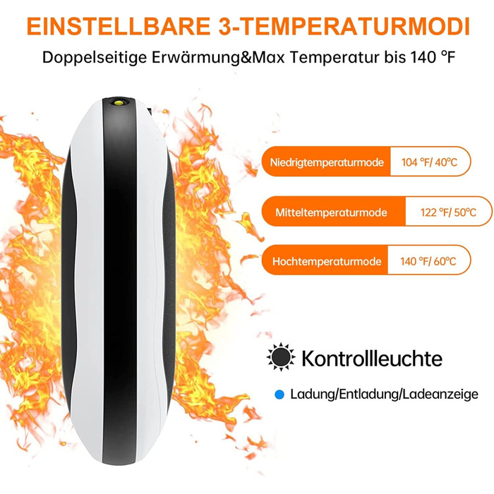 Електричний грілка для рук USB з акумулятором 10000mAh, 3 режими температури, для жінок та чоловіків, Outdoor, чорний