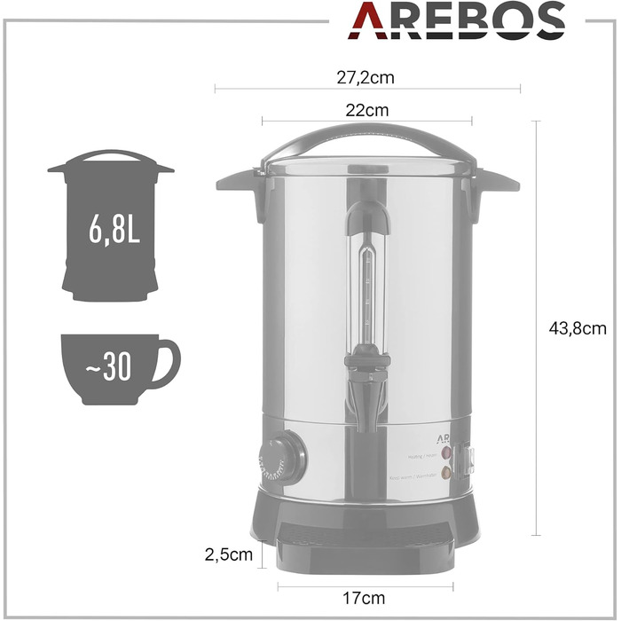 Електричний глінтвейнер Arebos 950 Вт | Диспенсер гарячих напоїв, 6.8 л | З піддоном, краном, термостатом та захистом від перегріву | Регулювання температури 30-110°C, сріблястий