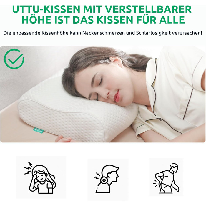 Подушка UTTU з піною з пам'яті для шиї, ергономічна подушка для зняття болю в шиї, регульована подушка з піною з пам'яті 60x36x13/11 см