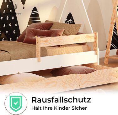 Ліжко-платформа Smartwood Hausbett для дітей Montessori Tipi F з сосни з сертифікатом FSC, захист від падіння, ламелі до 230 кг, для хлопчиків та дівчаток, проста збірка (60x120, білий) з ящиком