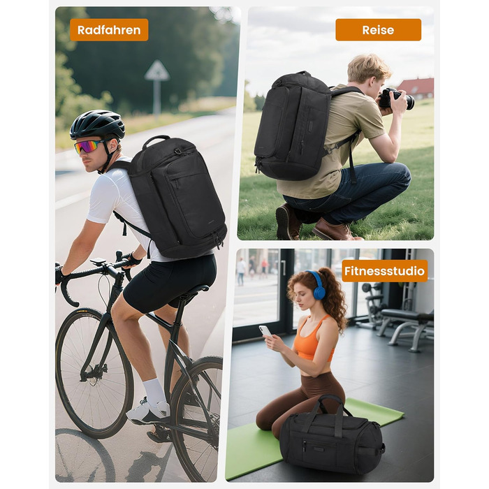 Спортивна сумка LOVEVOOK для жінок та чоловіків, велика сумка для тренувань та подорожей, 45L, з відділенням для взуття та мокрих речей, водонепроникна, з функцією рюкзака, чорна (51x28x32 см)