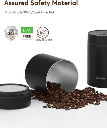 OUTPEAK Neo 2025 Kilo Auto-Vakuum-Kaffeedose: Контейнер для кави з автоматичним вакуумом, 1,5 л, для 500 г кавових зерен, з нержавіючої сталі, для бариста, чорний матовий (SG750)