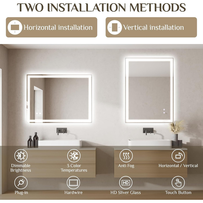 Дзеркало для ванної кімнати Clevich з підсвічуванням 80x60 см, LED, 3 кольори світла, регулювання яскравості, захист від вибуху, сенсорне управління, функція пам'яті, антизапар, 80L x 60B см