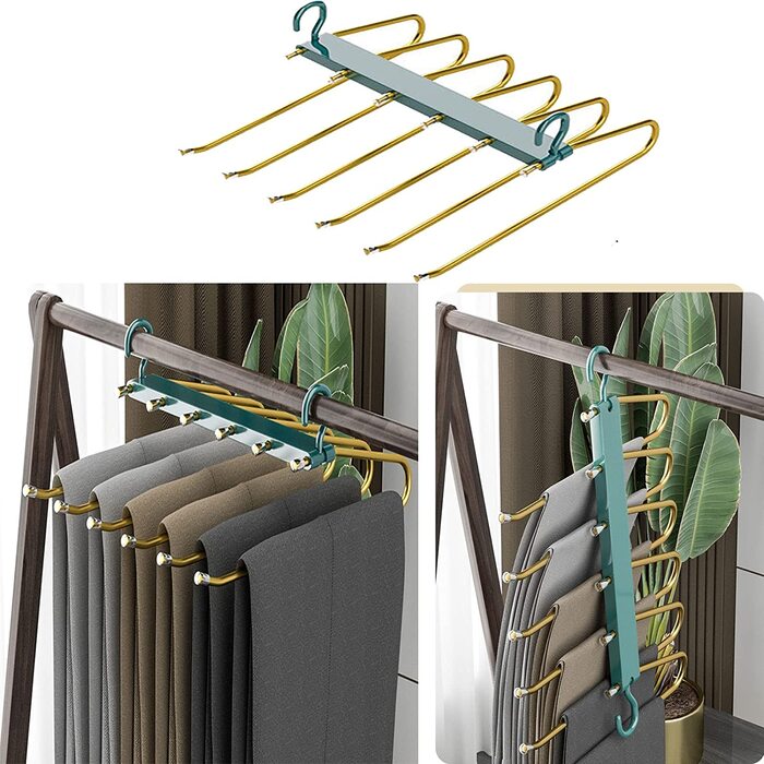 В 1 Вішалка для штанів компактна, нековзна чарівна вішалка для штанів, кілька вішалок для одягу, кожна з яких може вмістити 6 шт. класичні штани, штани, джинси, шарфи,рушники, краватки. (Золотисто-зелений), 6