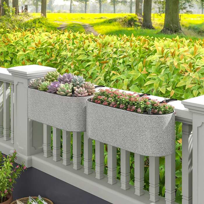 Набір з 2 горщиків для квітів з підвісним кріпленням та дренажною системою, з отвором та гачком, 42 x 16 x 15 см, світло-сірий