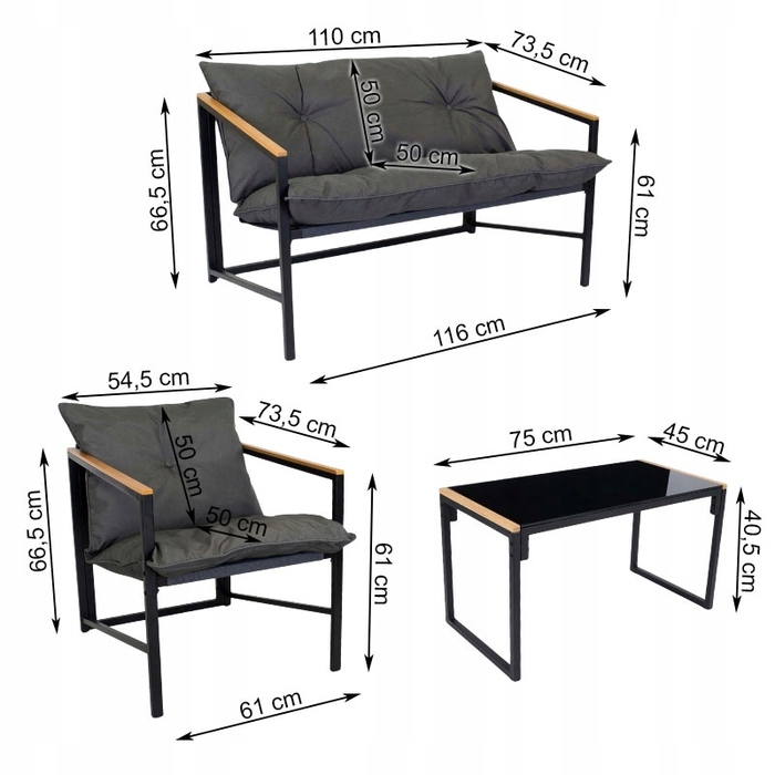 Комплект садових меблів Escal, метал, чорний, 4 предмети