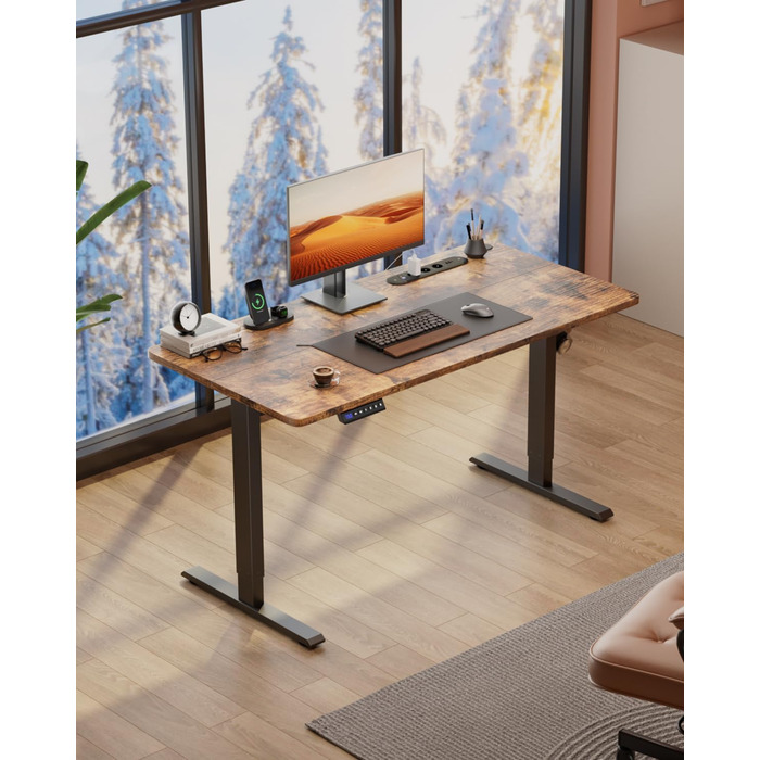 Регульований стіл з USB-портом та розеткою, 100 x 60 см. Електричний стіл, комп'ютерний стіл з пам'яттю, білий (коричневий)