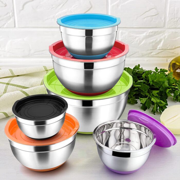 Набір мисок Herogo (6 шт.) з нержавіючої сталі з кришками, 6,7л/3,3л/2,5л/1,5л/1,2л/0,7л. Складаються, для приготування, випічки та зберігання. Можна мити в посудомийній машині (кольорові)