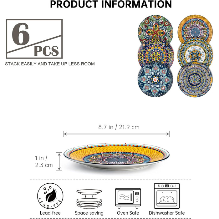 Кольорові порцелянові тарілки для сніданків та десертів, 6 шт. Комплект в богемному стилі, 21