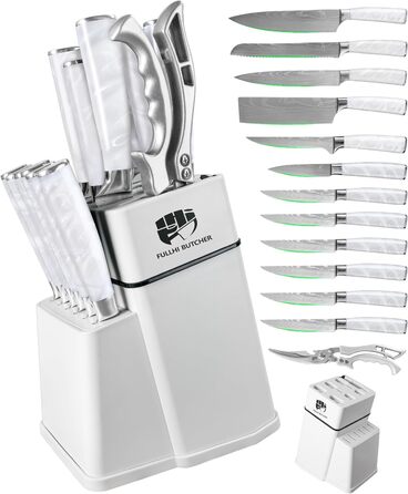 Набір кухонних ножів Fullhi 14 предметів у бруску з точилкою: кухонні ножі, ножі для стейку, багатокольорові ручки. Чудовий подарунок для чоловіків та жінок.