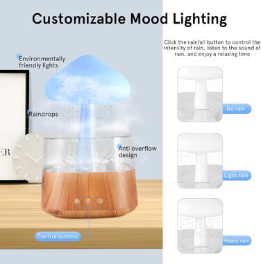Зволожувач дощових хмар, зволожувач 3 в 1 Rain Cloud/Аромадифузор/7 кольорів Світлодіодний нічник, дифузор для спальні з краплею води Ефірні олії (дерево з дистанційним керуванням (450 мл))
