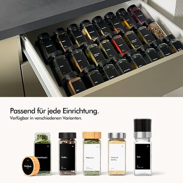 Набір скляних банок для спецій KIVY з дозатором [24x 120 мл] + 240 вологостійких етикеток - герметичні скляні баночки для спецій - набір банок для спецій чорного кольору