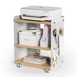 Стіл для принтера Fenge з колесами, мобільний тримач для принтера з перфорацією, 3 рівні, стійка для принтера/роликовий контейнер з органайзером, полиця, шафа для документів, для офісу та дому, 45,3x33,5x53,5 см (Дуб+Білий)