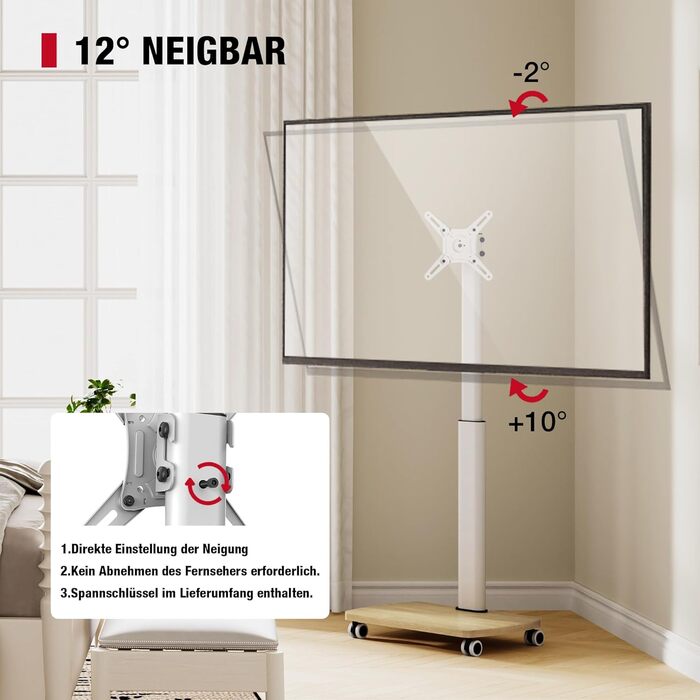 Підставка для телевізора мобільна з дерев'яною основою, поворотна, 19-42 дюйми, біла, до 20 кг, VESA 200x200 мм