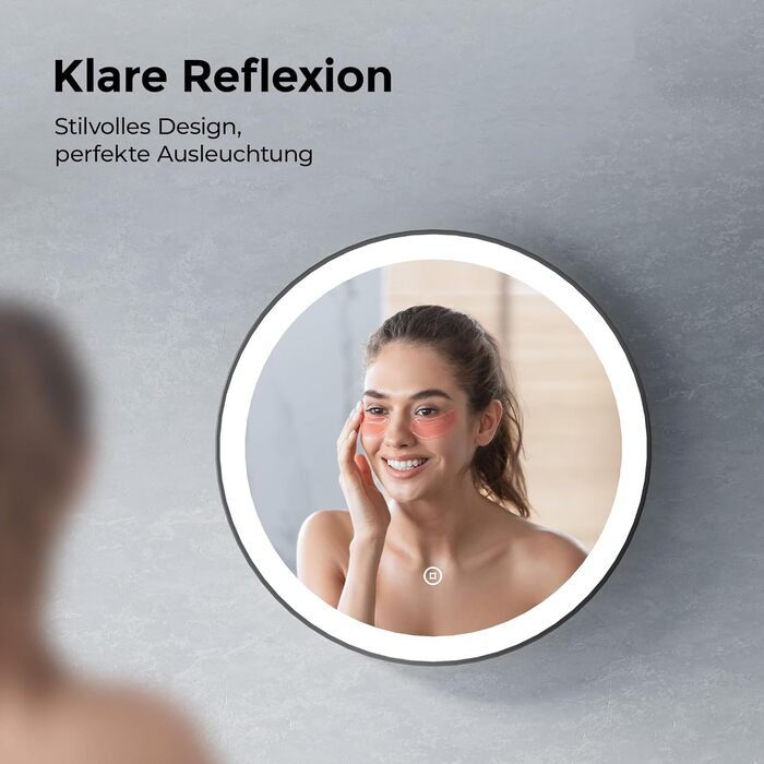 Круглий дзеркало для ванної кімнати з підсвічуванням 60см, LED дзеркало з регулюванням яскравості, сенсорне керування, чорна рама, знімна стрічка, 6500K (холодне світло)